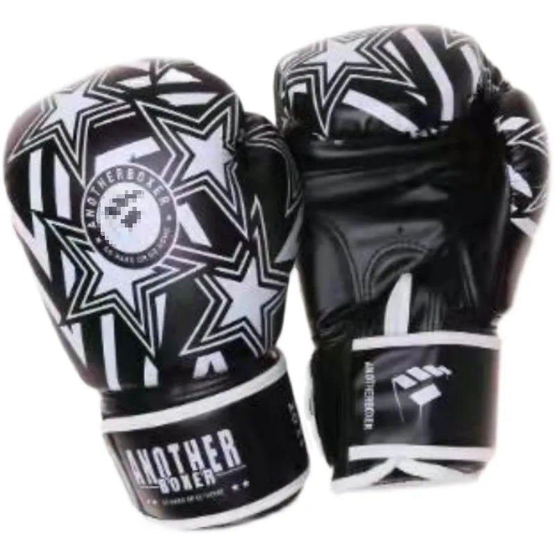 Gold children's Sanda boxing gloves with star design, showing vertical style and PU construction.