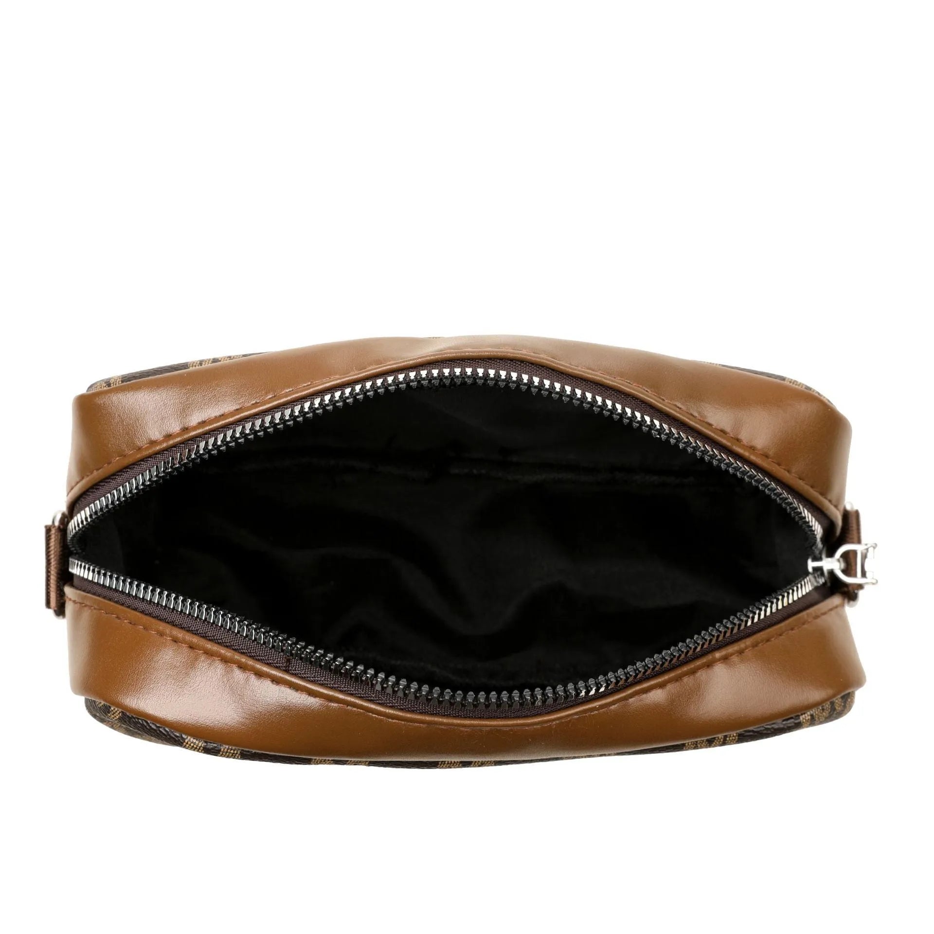 Crossbody bag with wide shoulder strap showing three-dimensional front pocket organisation