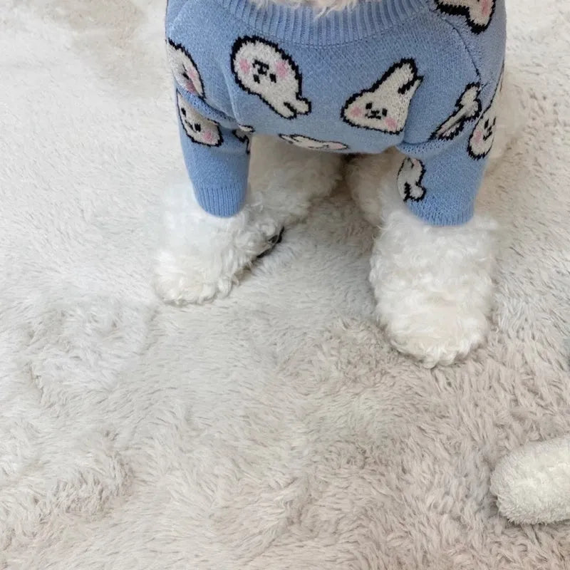 Small dog wearing a blue winter knitted sweater with charming patterns, soft polyacrylic material, side view