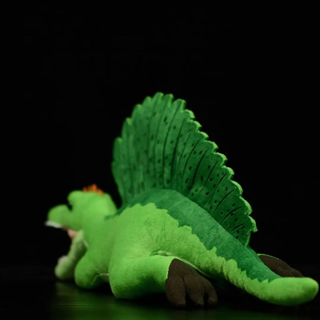 Green Spinosaurus simulation plush doll 45cm long from mouth to tail on plain background