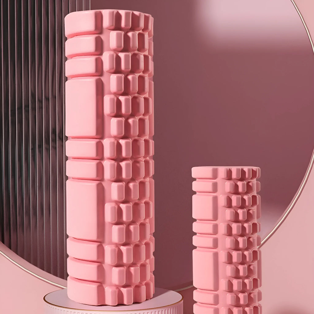 EVA foam roller for fitness in black, grey, pink, sky blue, or light purple on a plain background.