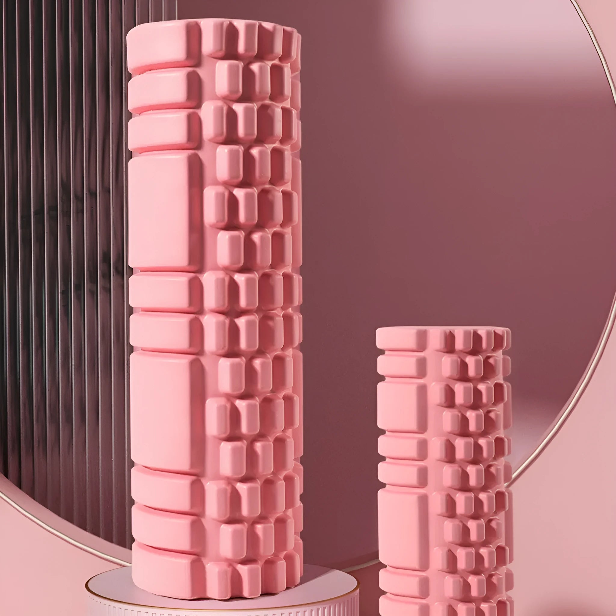 EVA foam roller for fitness in black, grey, pink, sky blue, or light purple on a plain background.