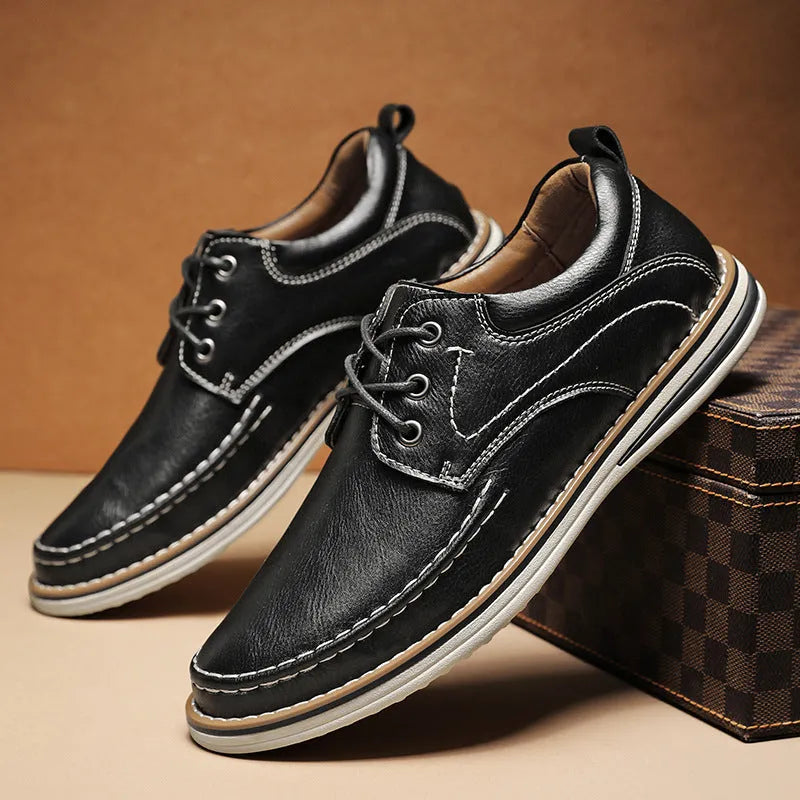 Men's black genuine leather casual lace-up shoes with round toe and rubber sole
