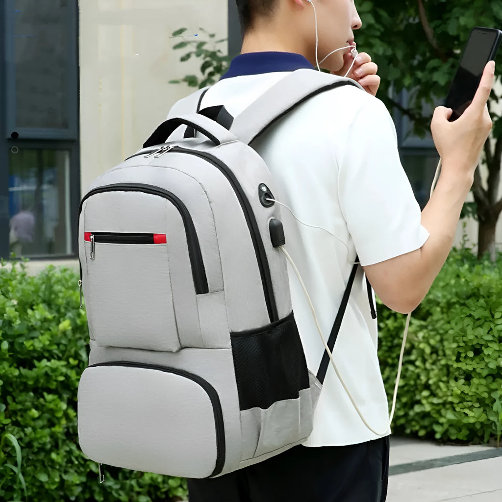 Oxford cloth insulated backpack with curved shoulder straps showing dry-wet separation compartments in light grey colour