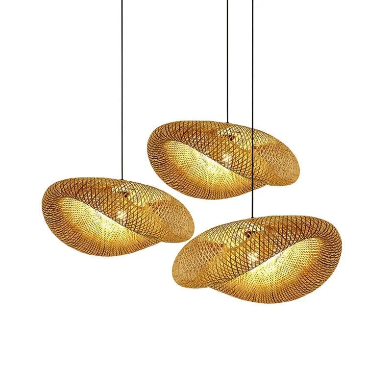 Natural woven bamboo straw hat-shaped pendant ceiling lamp with open weave, shown suspended.