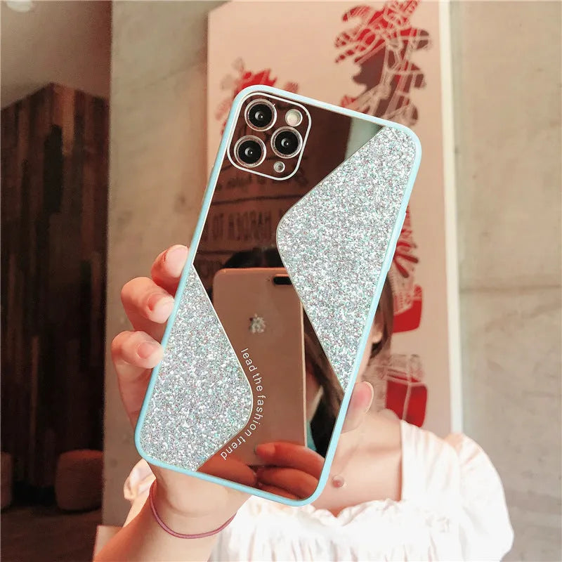 Glitter mirror finish iPhone case with rhinestone decoration on a smartphone