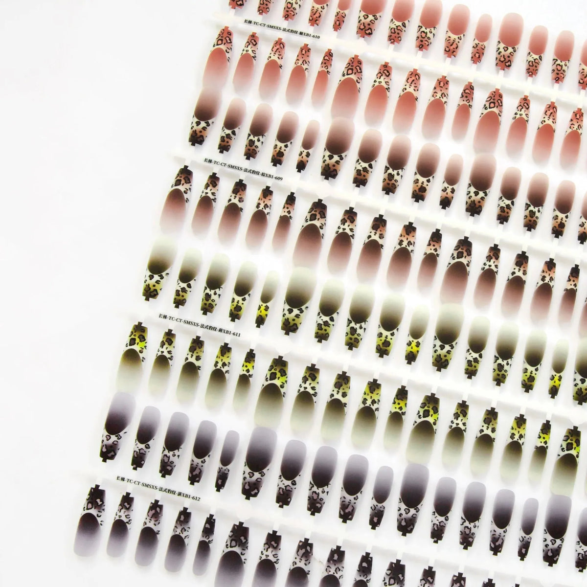 French leopard print long ladder nail stickers in brown, charm, and moss colourways, 40 piece set