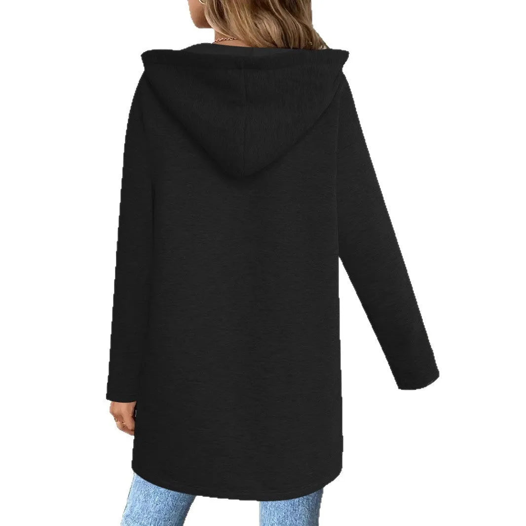 Women's loose fit mid-length cardigan coat in casual polyester fabric with pockets