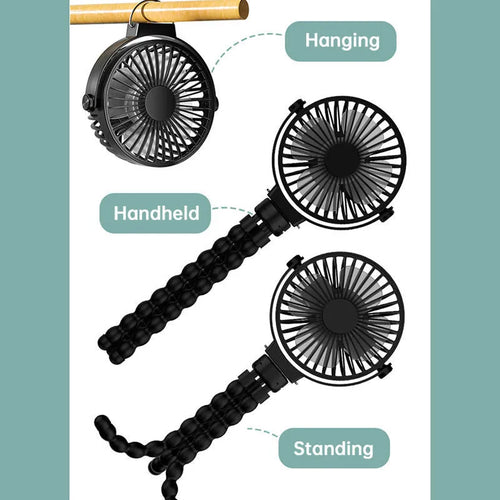 Black flexible tripod clip-on portable fan showing 360° rotation head and safety barrier around blades.