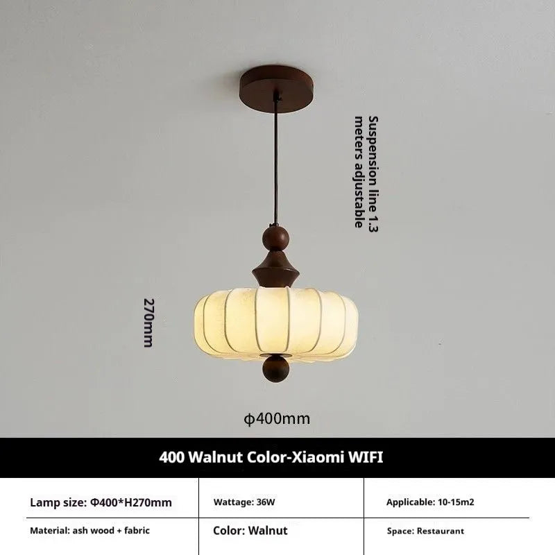 Mid-ancient French retro fabric ceiling lamp with ash wood frame in walnut colour on a ceiling