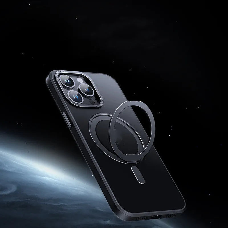 Transparent magnetic iPhone case with aluminium alloy bracket on iPhone 15 Pro
