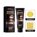 Car scratch removal wax kit showing 60g tube, square sponge, and towel for vehicle paintwork repair