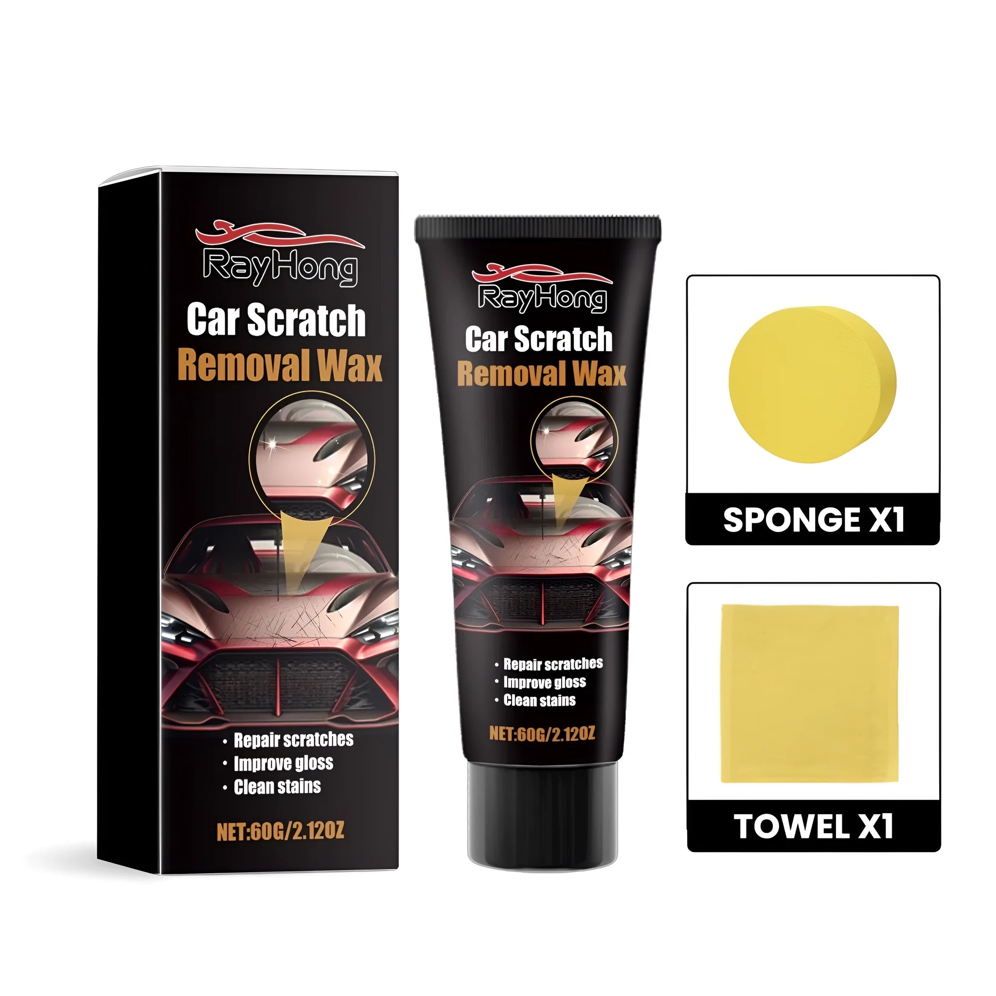 Car scratch removal wax kit showing 60g tube, square sponge, and towel for vehicle paintwork repair