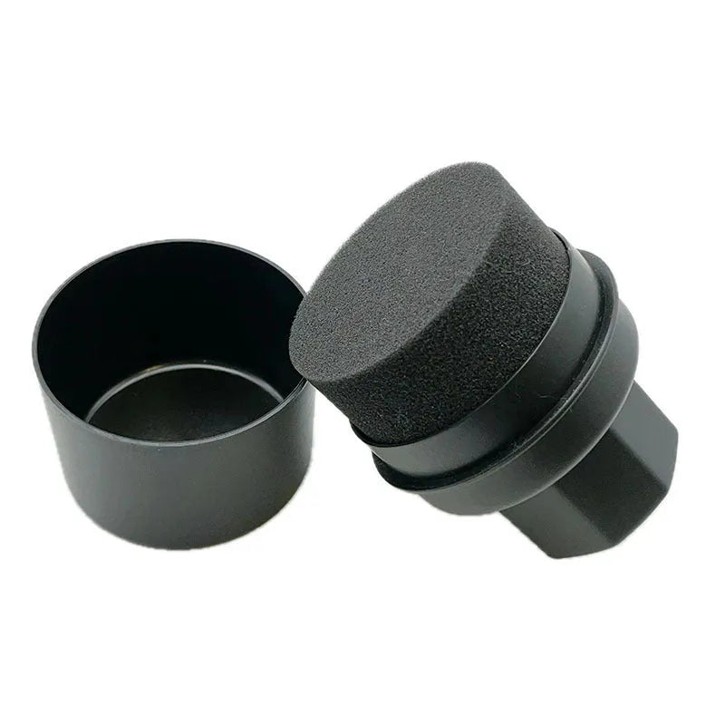 Black car tyre polishing sponge brush with snap-on lid, showing high-density foam head and polypropylene handle.