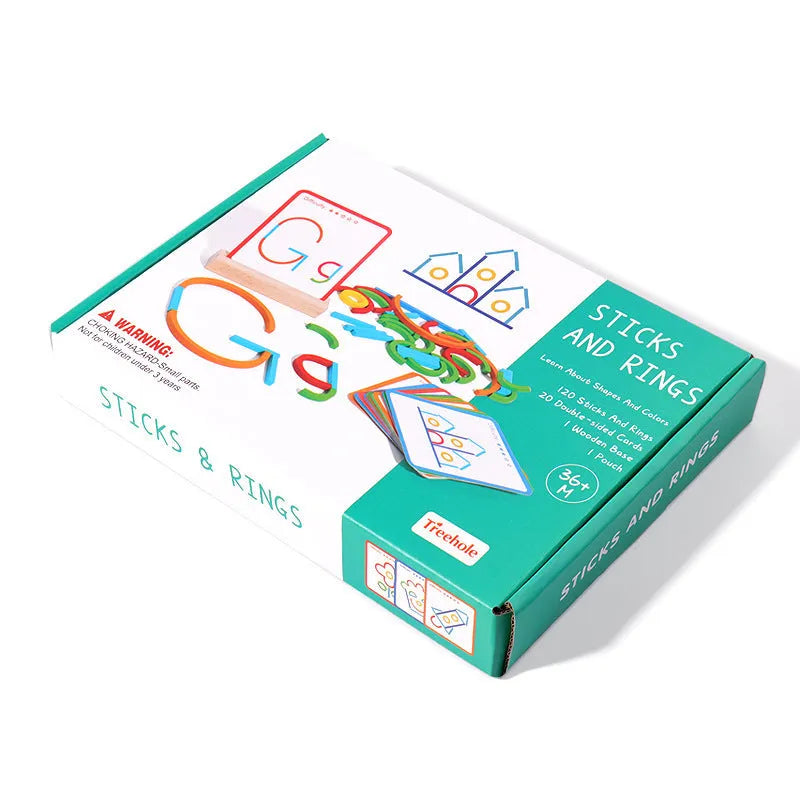 Wooden children's logical thinking puzzle board with stick and ring design, 23 x 16.8 x 3.5 cm, in colour box
