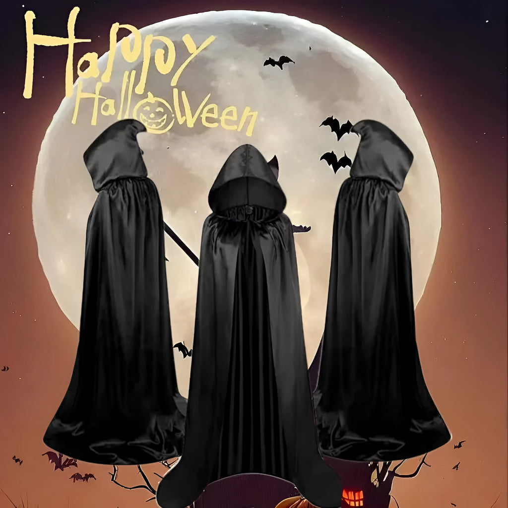 A black satin hooded wizard cloak costume laid flat, showing its length and mantle style.