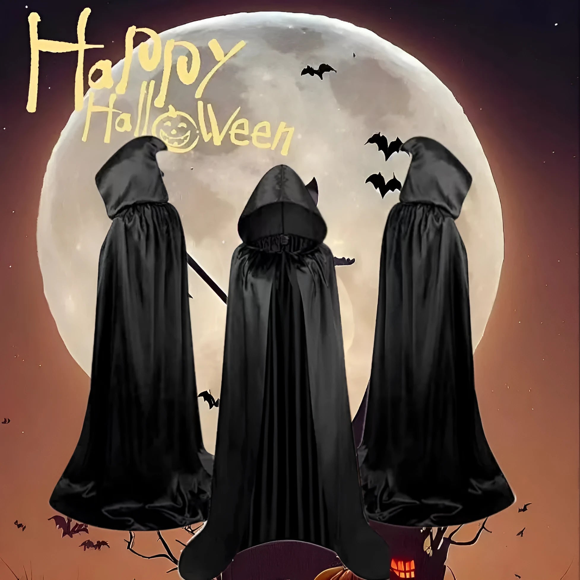 A black satin hooded wizard cloak costume laid flat, showing its length and mantle style.