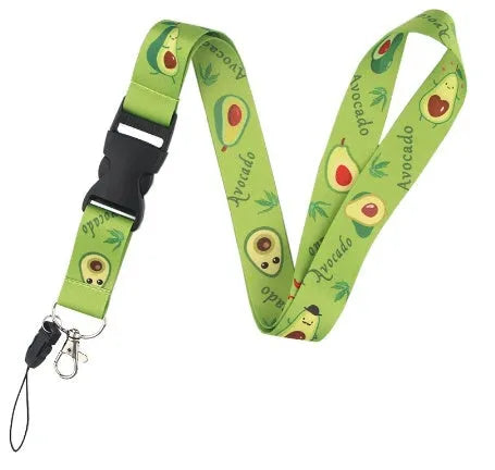 Avocado cartoon design on a green and black double-sided polyester phone lanyard with a silver adjustable buckle.