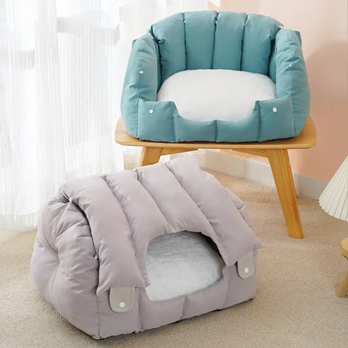 Grey arched cat nest convertible to pet sofa with removable cushion for cats and small dogs