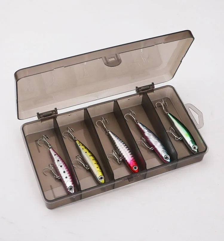 Small silver fish pencil bait lure set with double hooks, five pieces and box, 3.5g to 13g