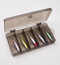 Small silver fish pencil bait lure set with double hooks, five pieces and box, 3.5g to 13g