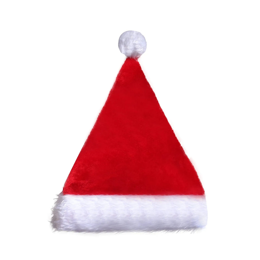 Red and white plush Santa Christmas hat with LED lights glowing, showing pom-pom and stretchy spandex material.