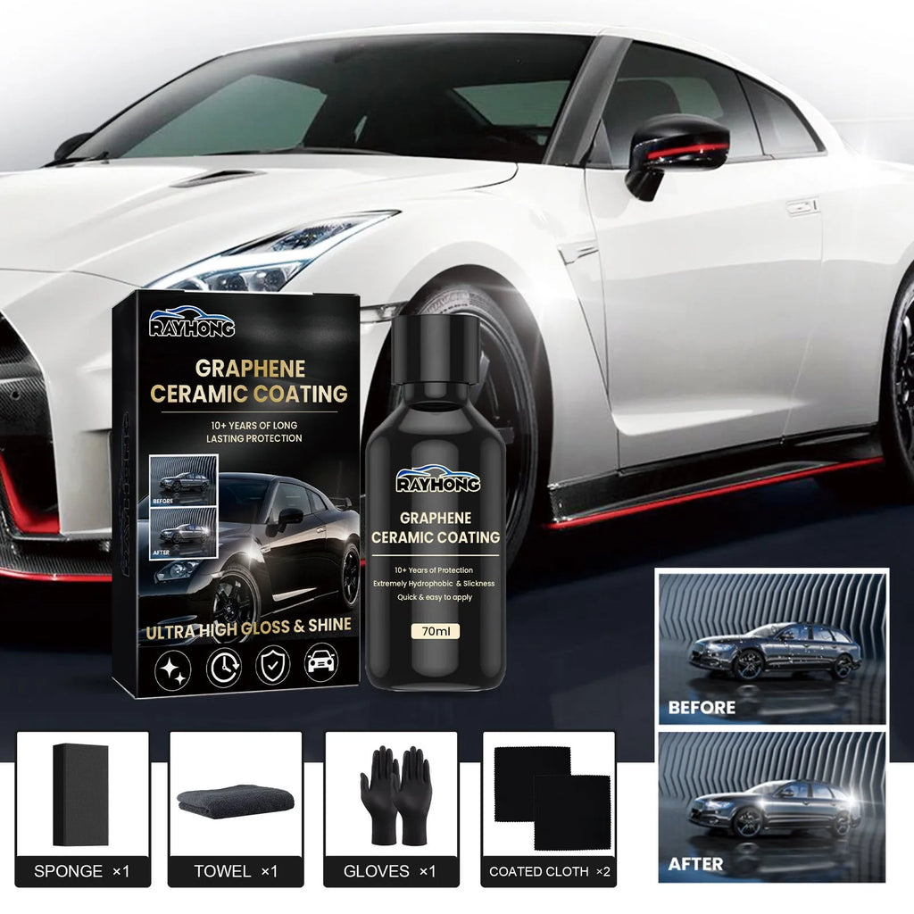 Automotive graphene ceramic coating kit showing 70ml bottle, sponge, towel, gloves and cloths
