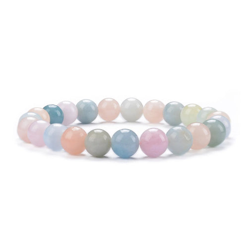 Handmade 8mm natural stone bead bracelet in geometric shape on a wrist, showing agate and gemstone colour options.