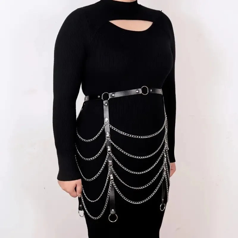 Black PU leather adjustable waist chain with metallic chain detailing for women