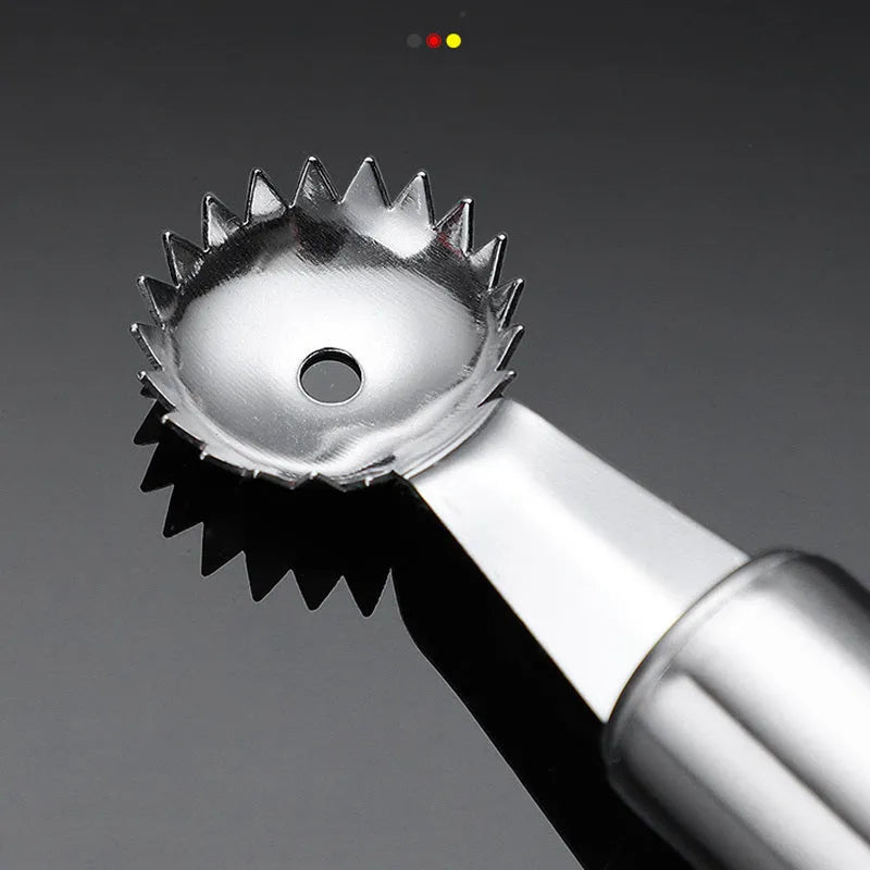 Stainless steel strawberry stem remover, 410 steel, modern minimalist kitchen gadget for hulling strawberries.
