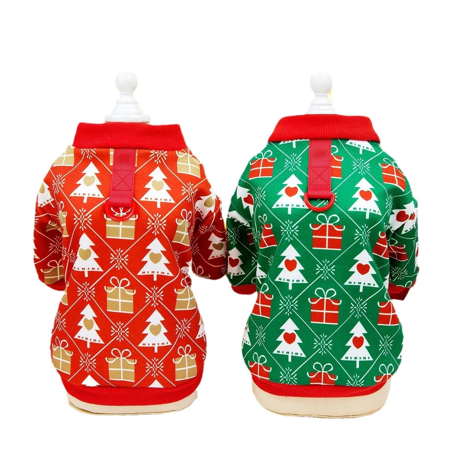 Green dog Christmas jumper with festive tree design, showing hoodie style and polyester fabric texture