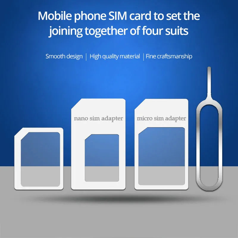SIM Restore Four-in-one Set showing black plastic SIM adapters and a metal ejector pin on a white background.