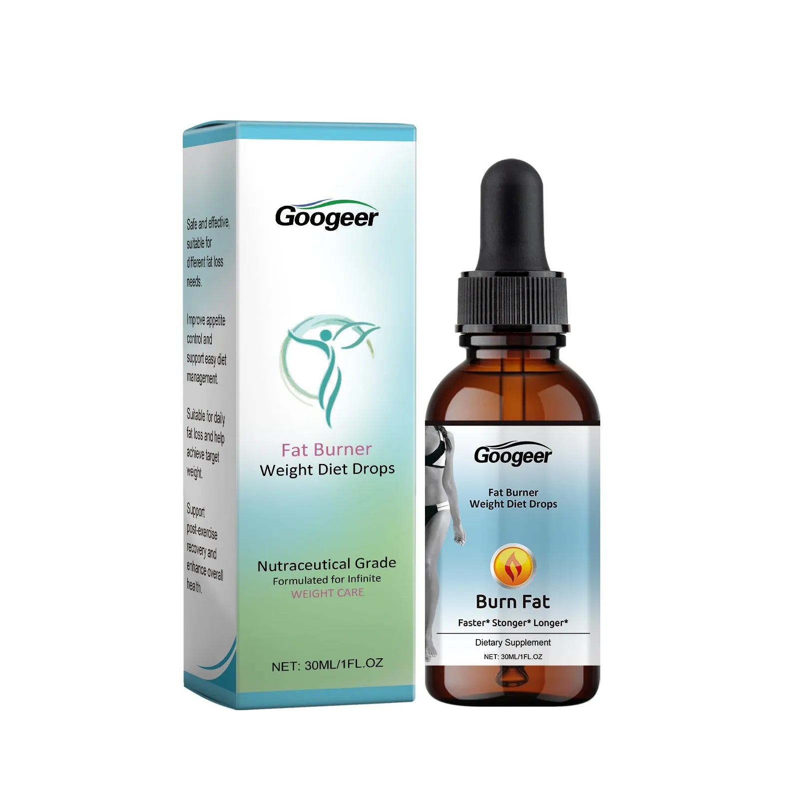 Googeer Fat Burner Weight Diet Drops essential oil in a 30ml bottle for body treatment.