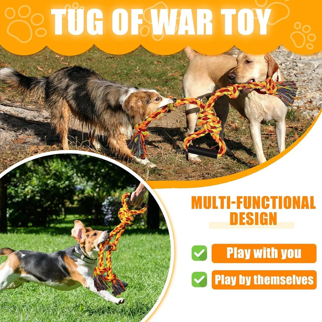 Blue and yellow cotton rope tug toy for large dogs with an ergonomic handle.