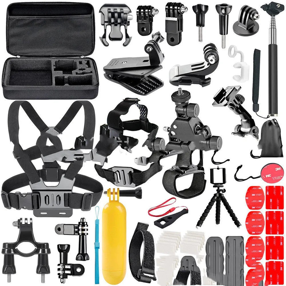 Black GoPro accessories set with chest strap and helmet mount compatible with Hero 4, 3, and 2 action cameras