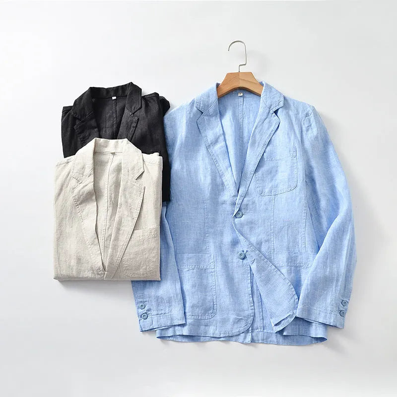 Men's lightweight linen thin coat with size stick pockets in solid colour