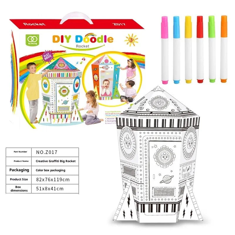 Handmade DIY three-dimensional carton paper model colour filling toy kit with graffiti castle design