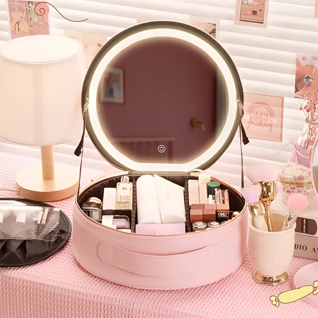 Round black smart LED makeup bag with lighted mirror open, showing internal partitions.