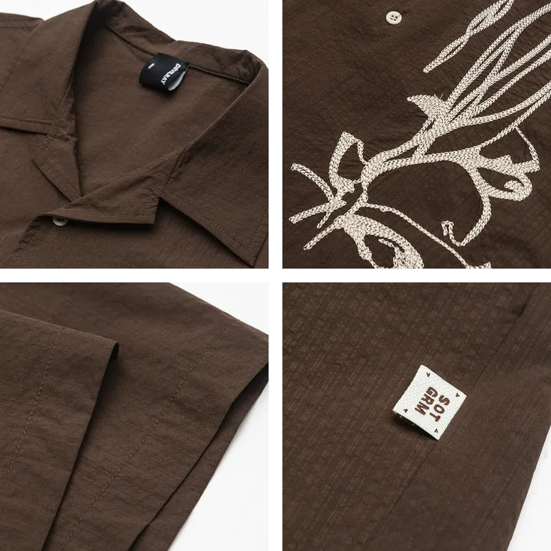 Brown striped men's short sleeve outdoor shirt with Cuban collar on a mannequin.