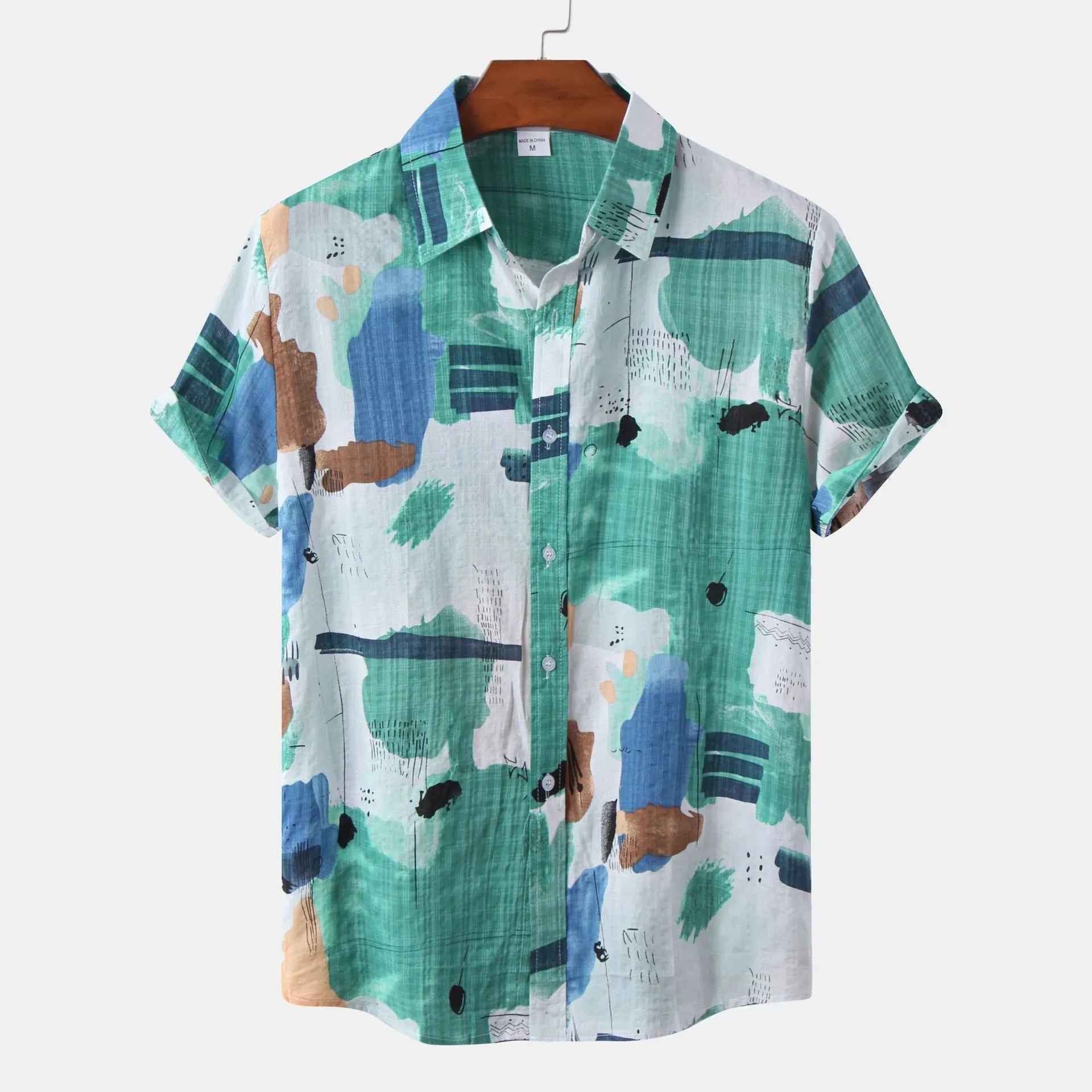 Men's white floral print short sleeve cardigan with lapel collar, loose fit