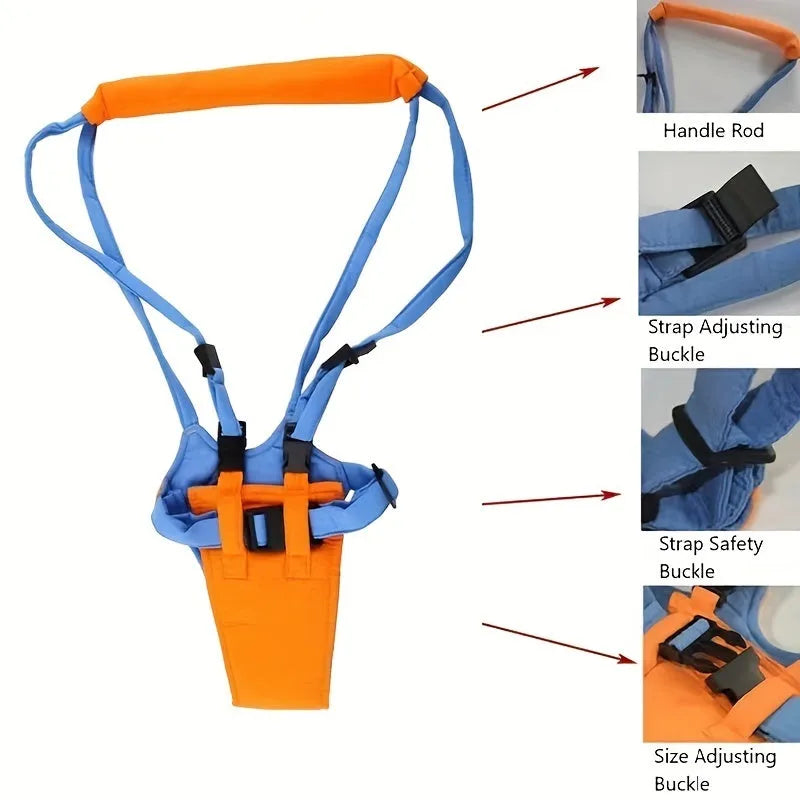 Baby toddler walking harness in orange and blue with adjustable strap and plastic locks