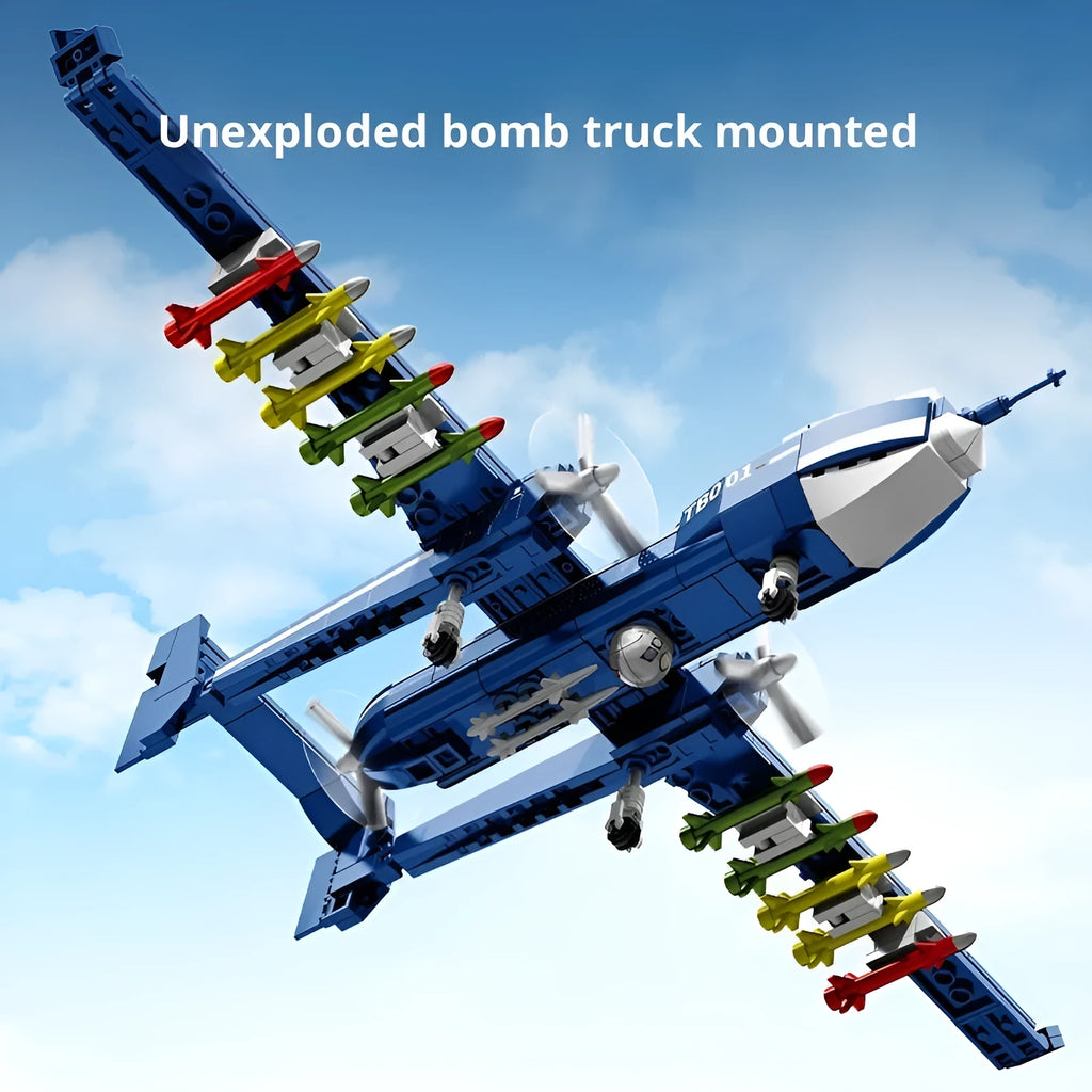 Plastic building block set forming a double-tail scorpion drone in a military series with colour box packaging