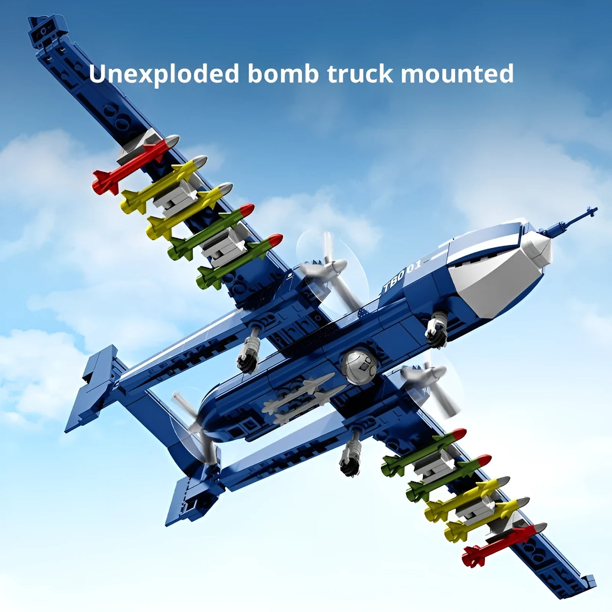 Plastic building block set forming a double-tail scorpion drone in a military series with colour box packaging