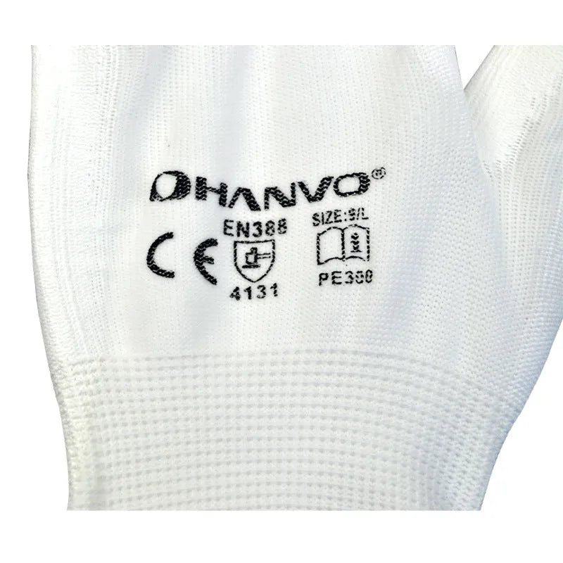 White PU coated labour gloves with breathable latex backing showing 24 cm length measurement