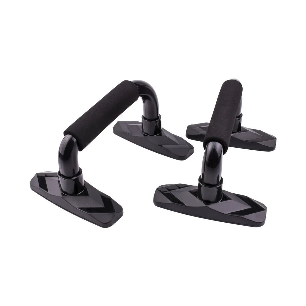 Set of two I-shaped black push up bars made from PP sponge for fitness training.
