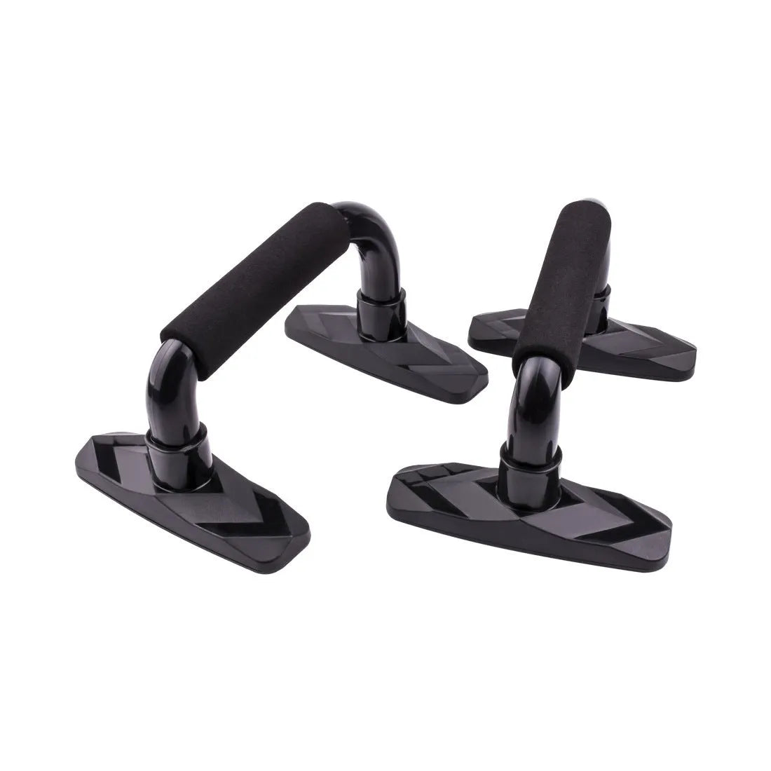 Set of two I-shaped black push up bars made from PP sponge for fitness training.