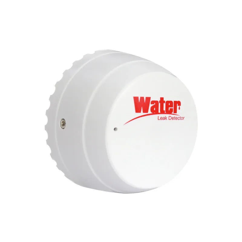 White WiFi smart leakage alarm with buzzer placed on a floor for water overflow detection