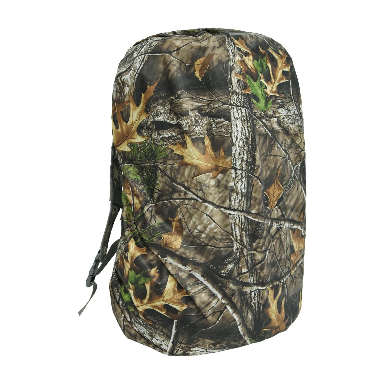 Waterproof backpack rain cover in army green, shown fitted over a large hiking pack.