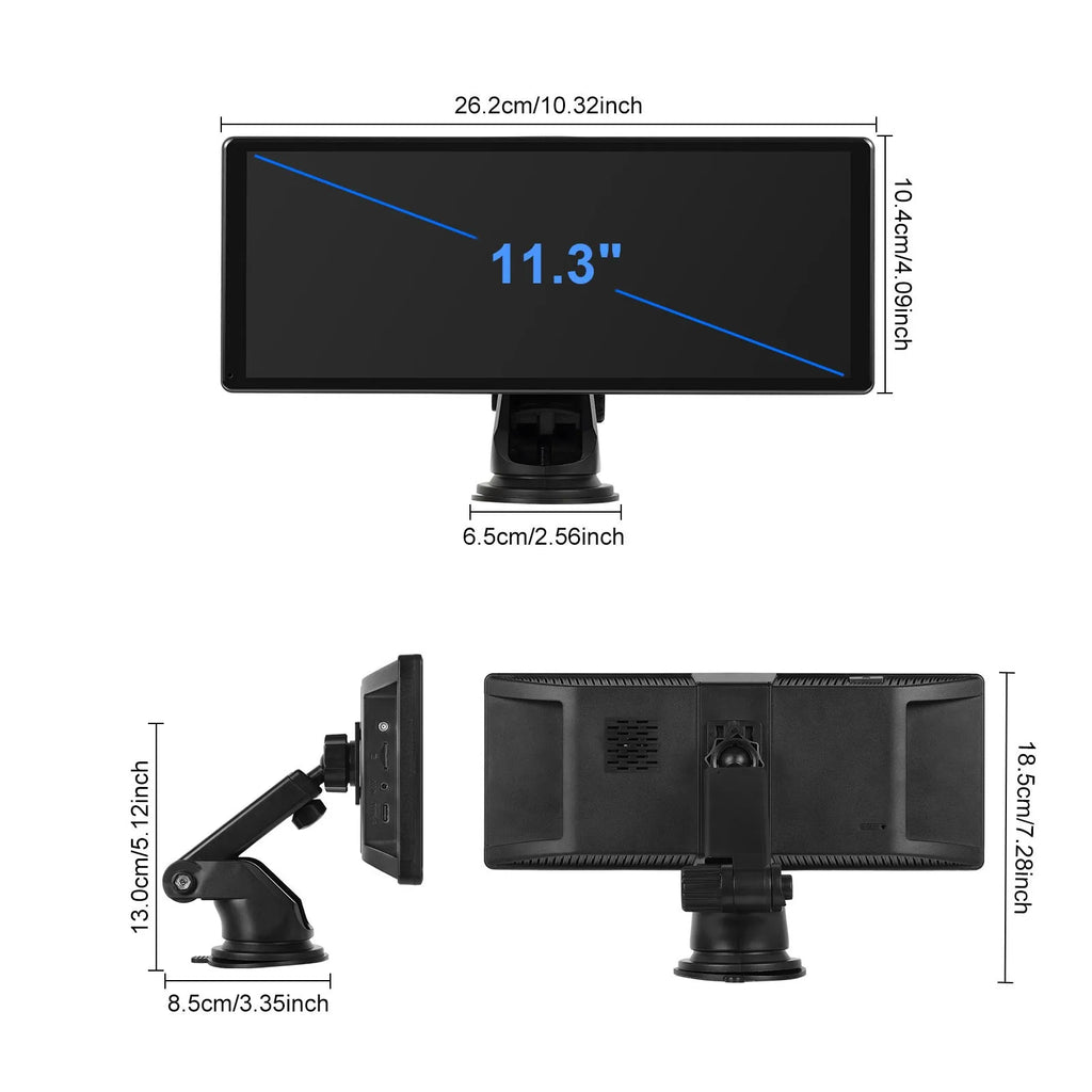 11.3-inch Android car touchscreen display on dashboard with wireless CarPlay and Android Auto shown on screen.