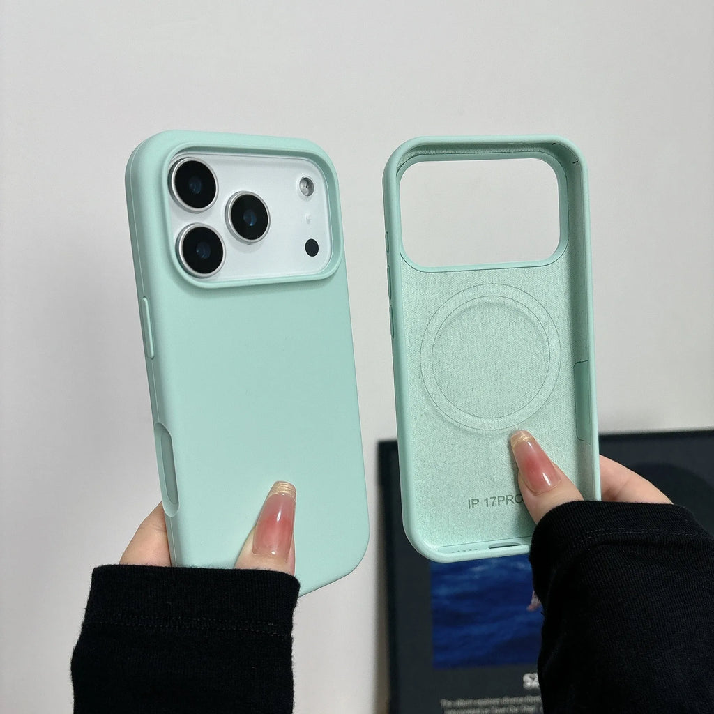 Liquid silicone magnetic charging phone case for iPhone in multiple colour options showing back cover design